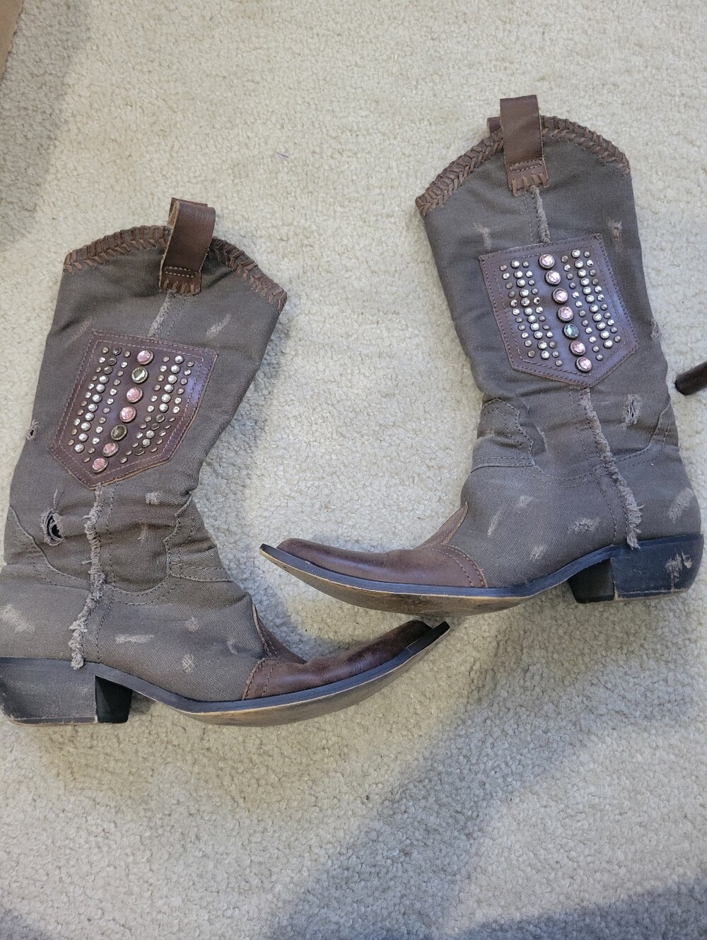 Sophya Distressed Canvas Cowboy Boots Women Size 39 US 8 Studded Embellished